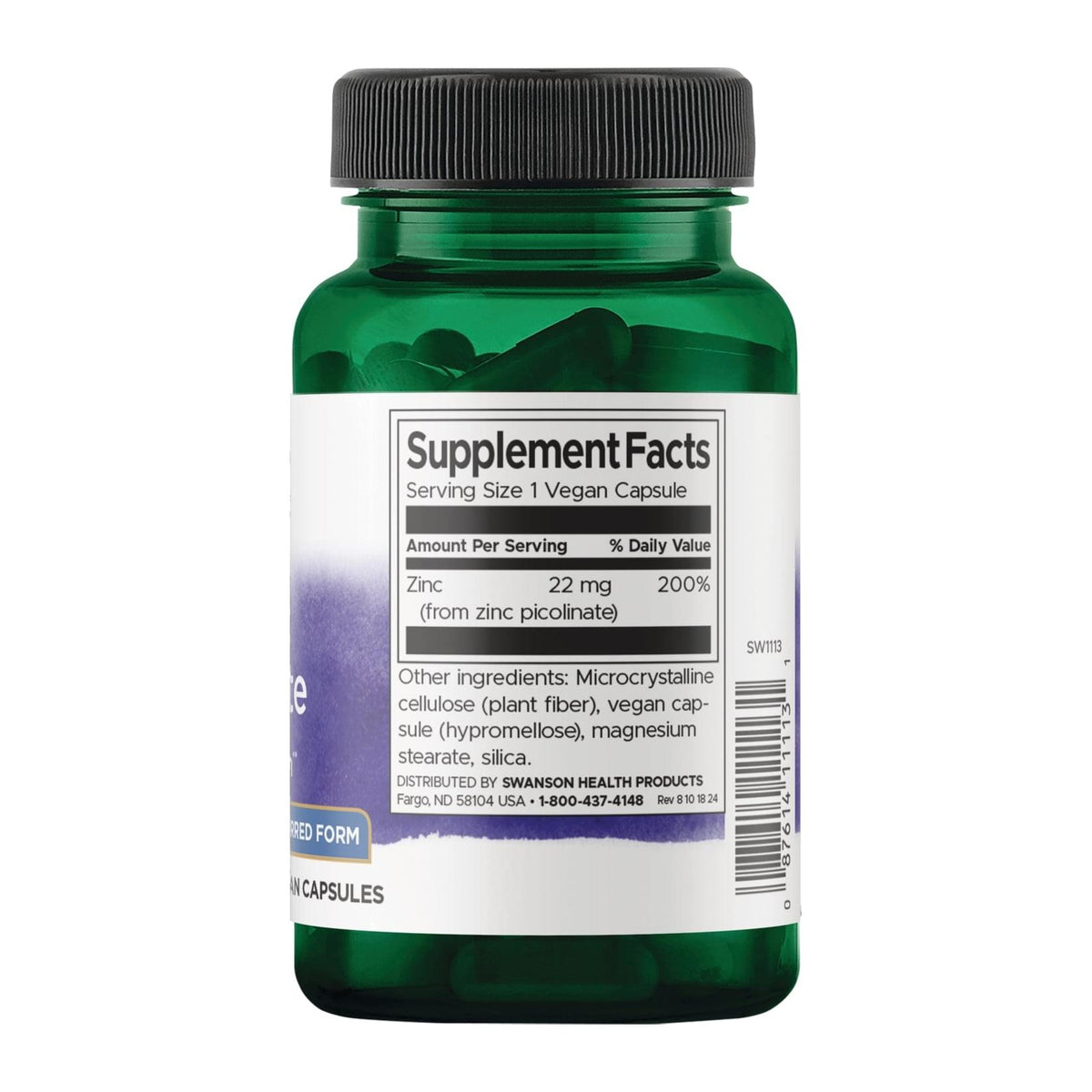 Swanson, Zinc Picolinate, 22 mg, 60 Capsules, supplement facts panel - Image 2