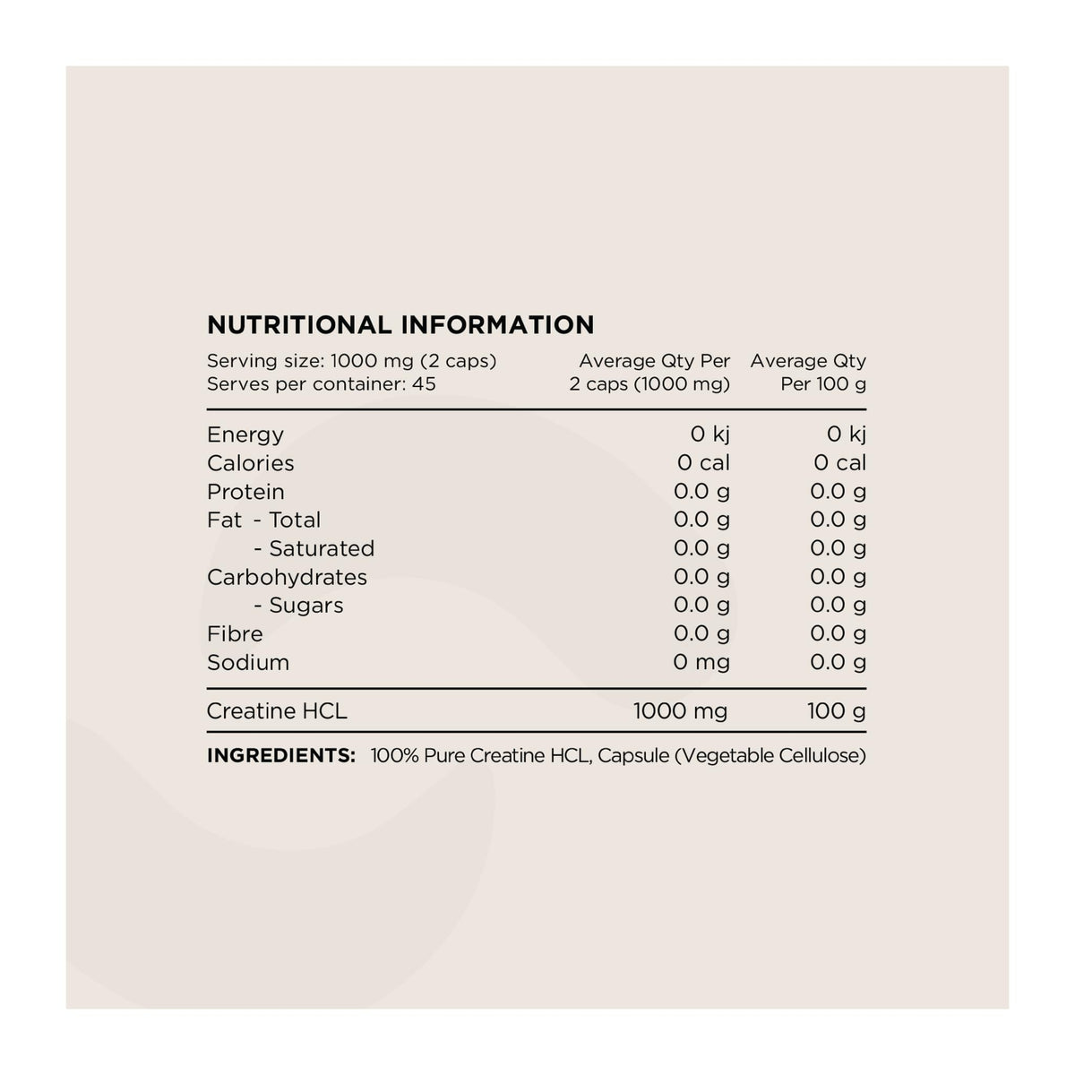 Switch Creatine Hcl Caps, nutrition information panel - Image 2
