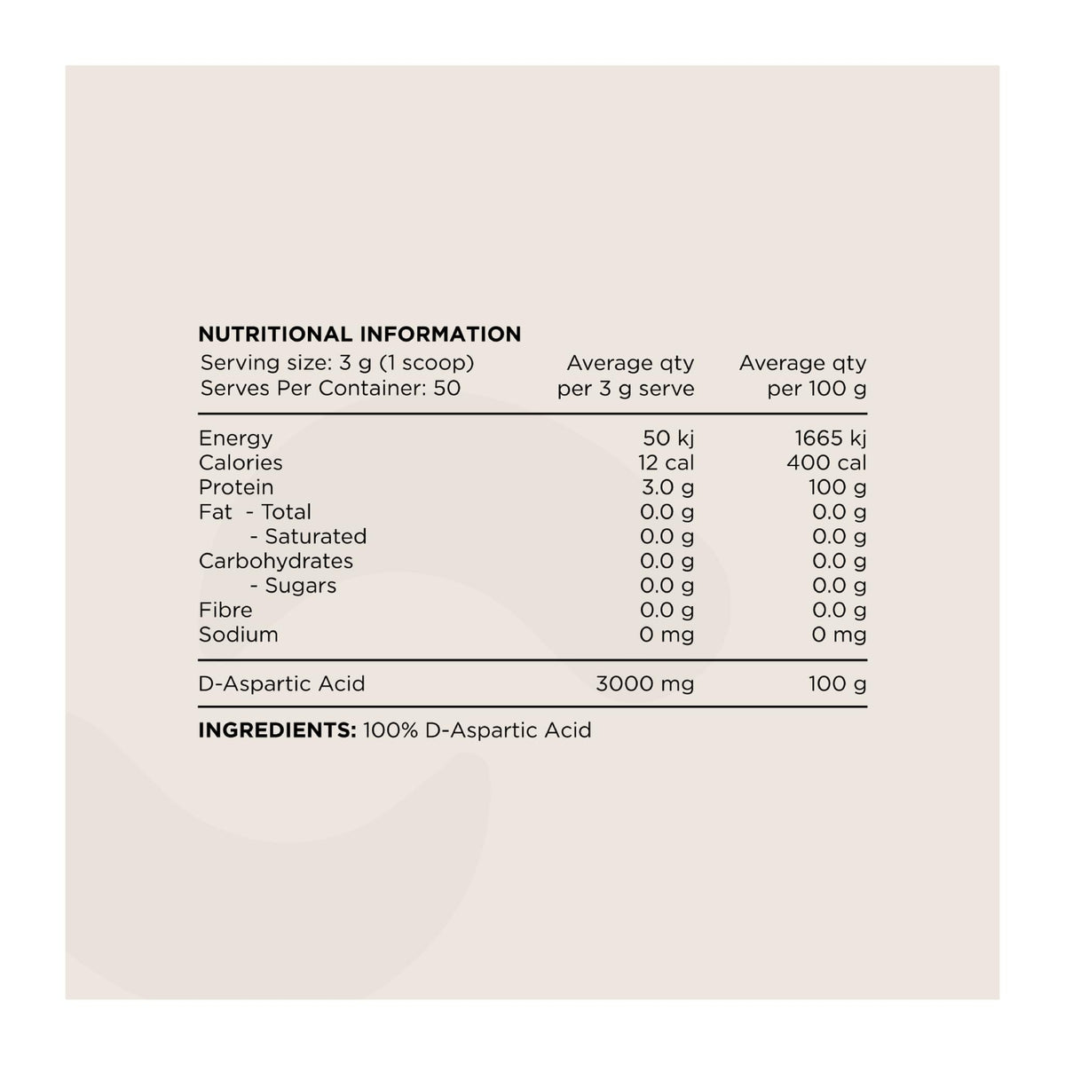 Switch D-Aspartic Acid, nutrition information panel - Image 2