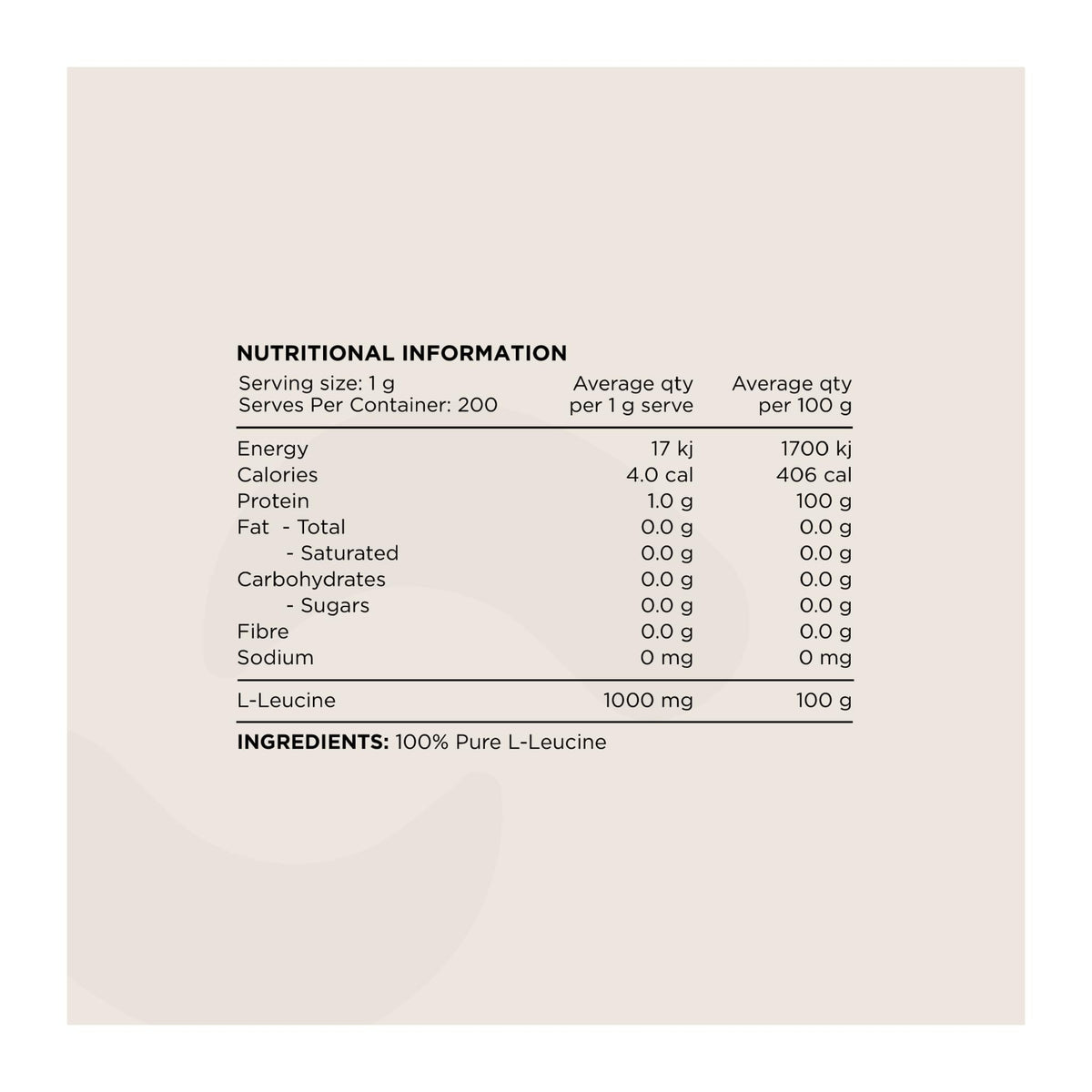 Switch Leucine 200g 200 serves, nutrition information panel - Image 2