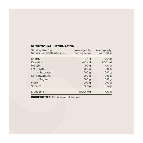 Switch Leucine 200g 200 serves, nutrition information panel
