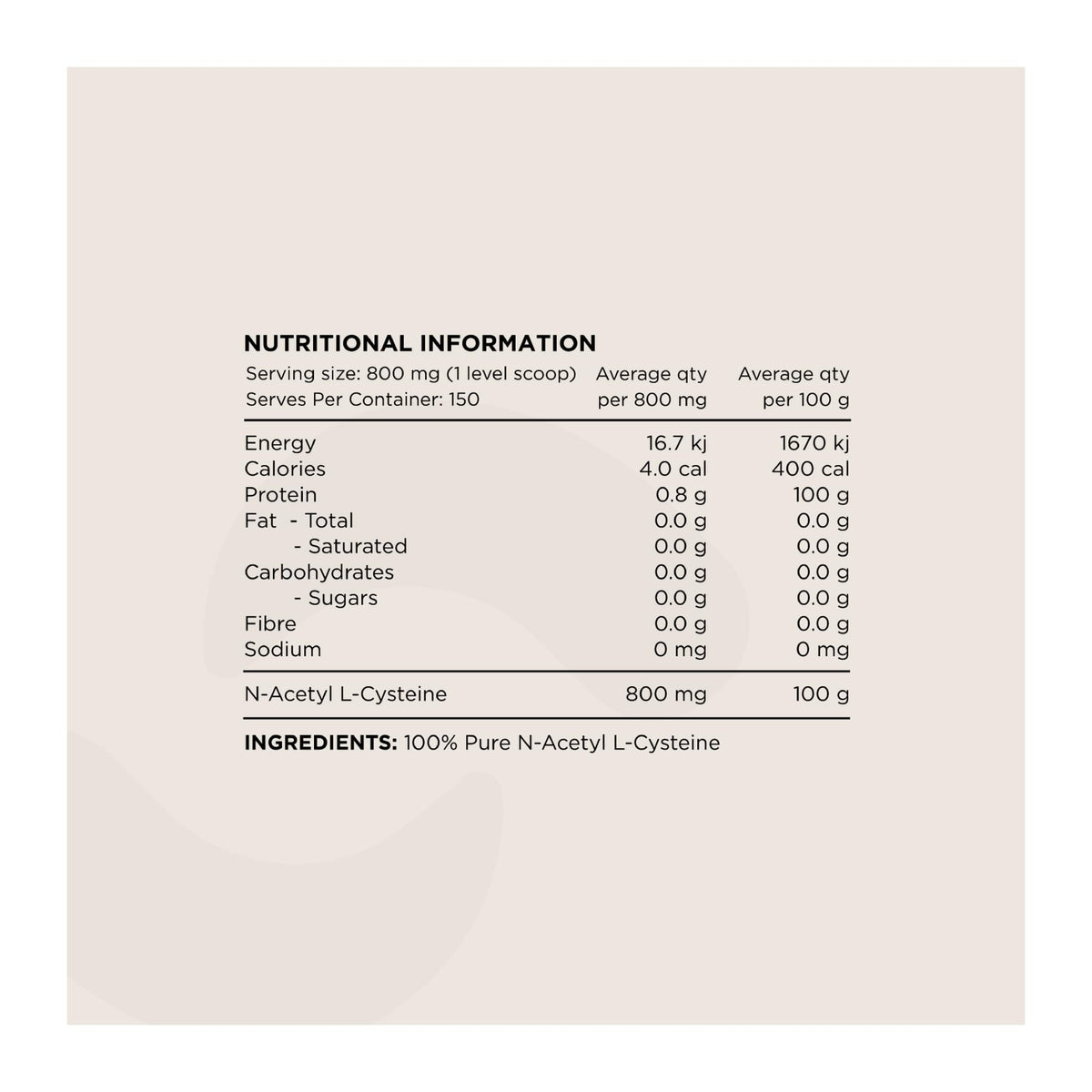 Switch NAC Powder, nutrition information panel - Image 2