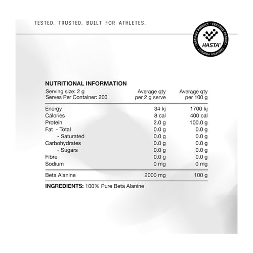 Switch Nutrition Beta Alanine – 400g | 200 Serves, nutrition information panel