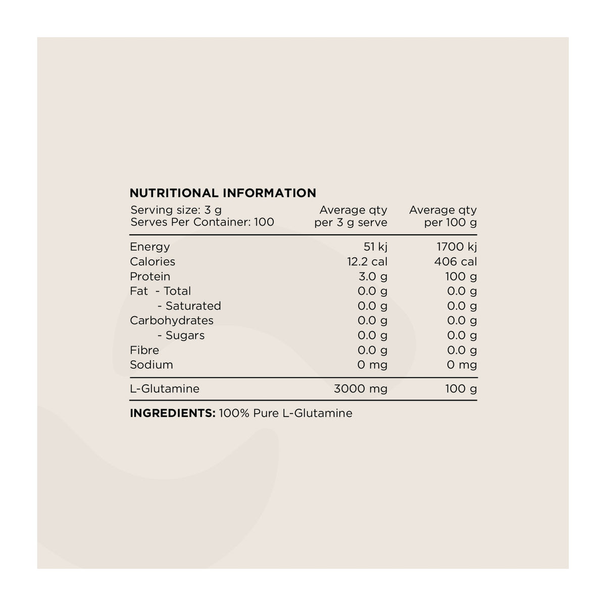 Switch Nutrition Glutamine 300g – 100 Serves, nutrition information panel - Image 2