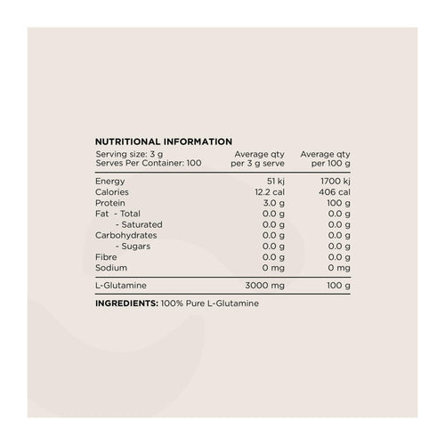 Switch Nutrition Glutamine 300g – 100 Serves, nutrition information panel