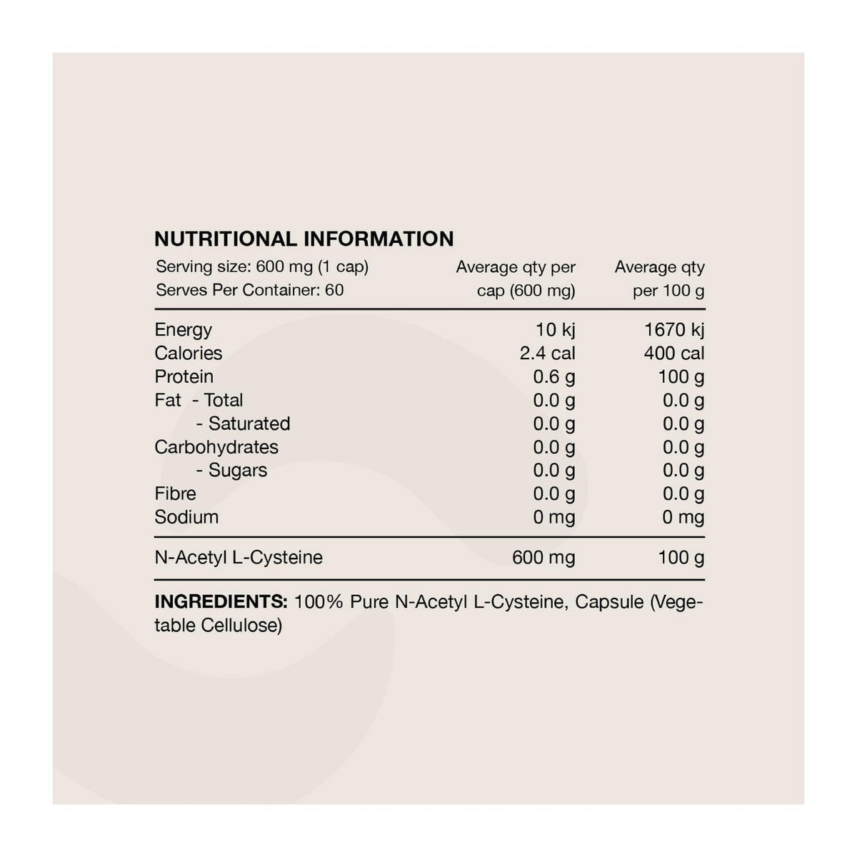 NAC Capsules By Switch, nutrition information panel - Image 2
