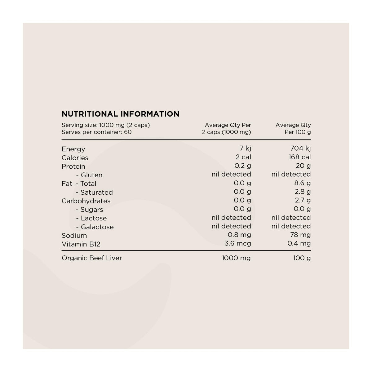 Organic Beef Liver Capsules, By Switch Nutrition, nutrition information panel - Image 2