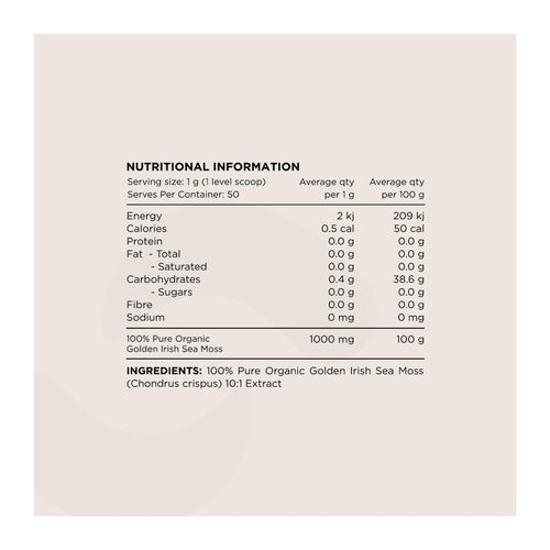 Switch Sea Moss, nutrition information panel