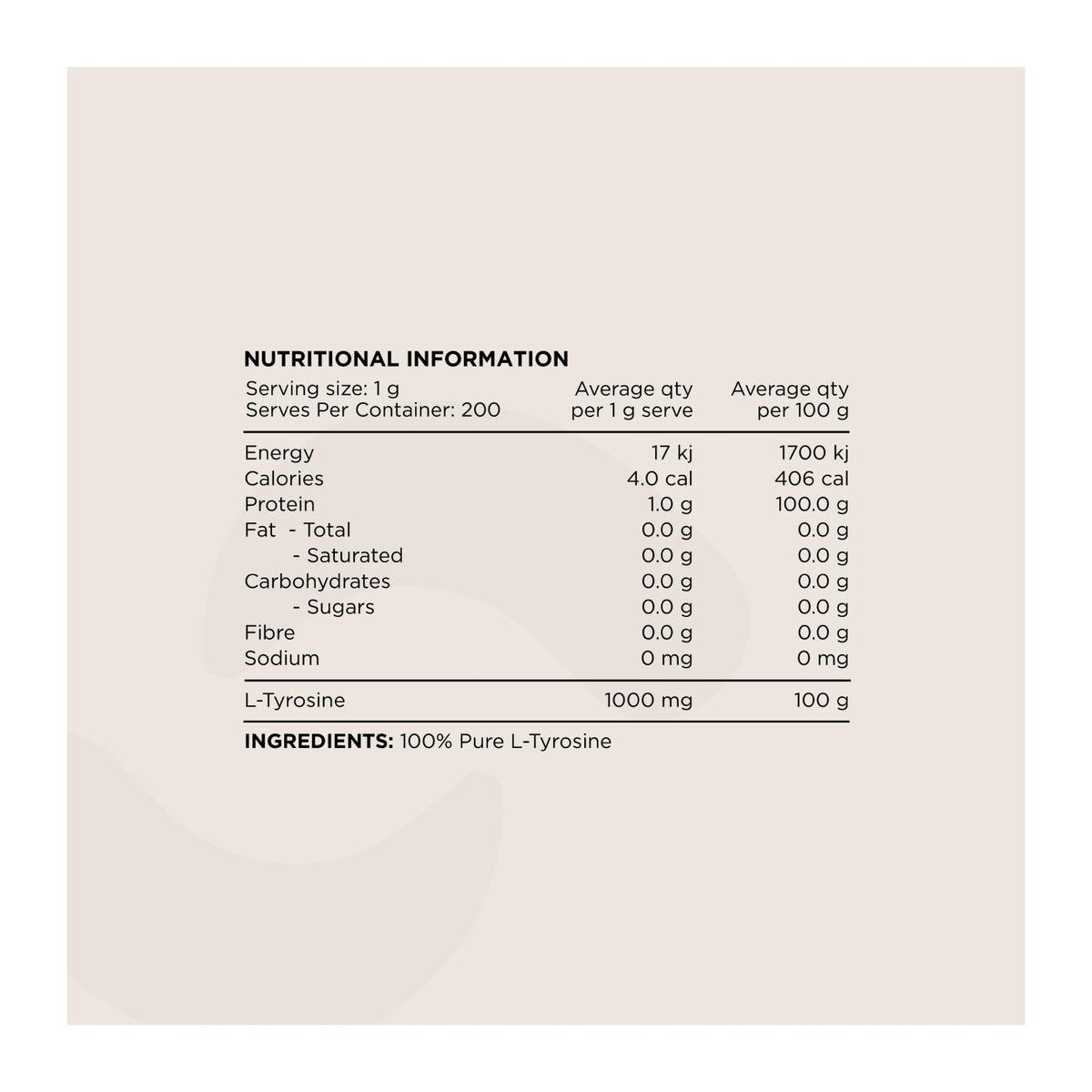Switch Tyrosine, nutrition information panel - Image 2