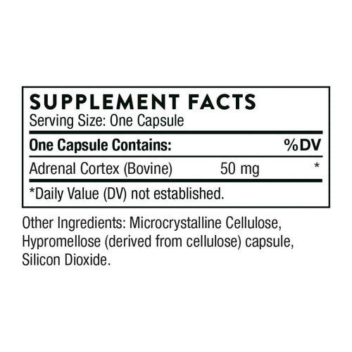 Thorne Adrenal Cortex. 60 Capsules 50 mg, supplement facts panel