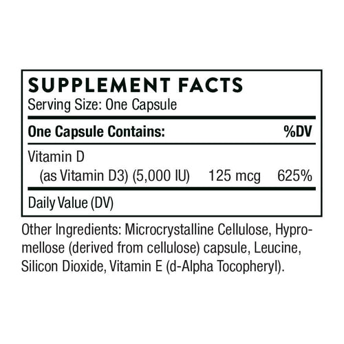 Thorne, D-5,000, 60 Capsules, supplement facts panel