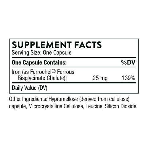 Thorne Iron Bisglycinate 60 Capsules (25 mg per Capsule), supplement facts panel