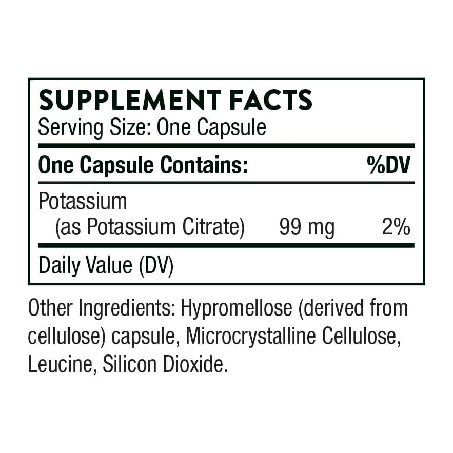Thorne, Potassium Citrate, 90 Capsules (99 mg per Capsule), supplement facts panel - Image 2