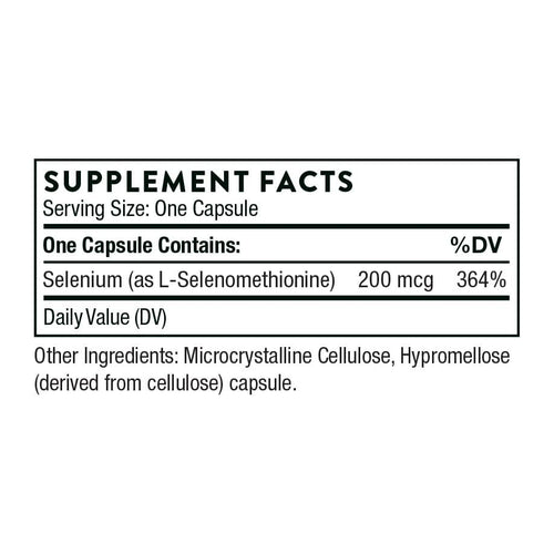 Thorne Selenium 200mg 60 capsules, supplement facts panel