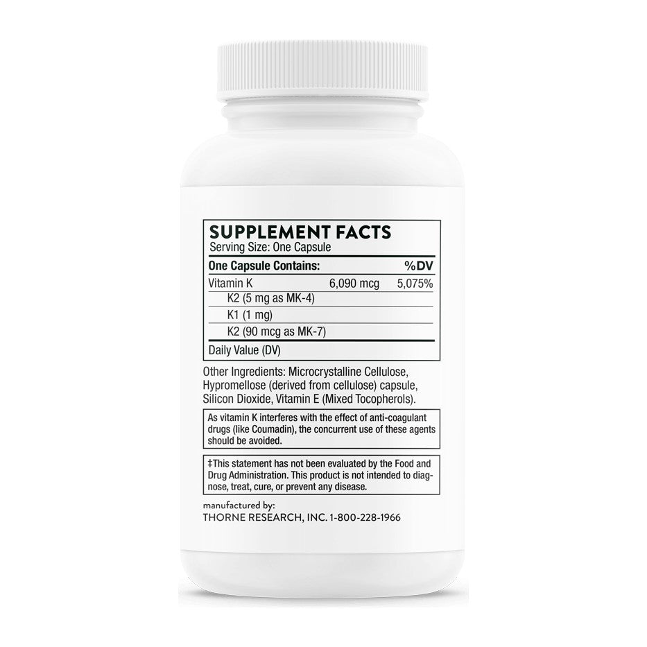 Thorne Vitamin K 60 Capsules, supplement facts panel - Image 2