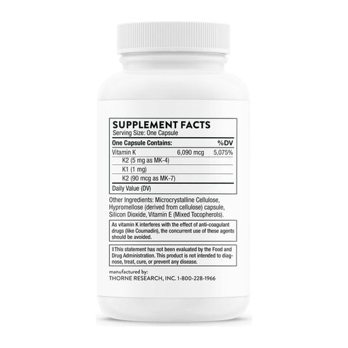 Thorne Vitamin K 60 Capsules, supplement facts panel