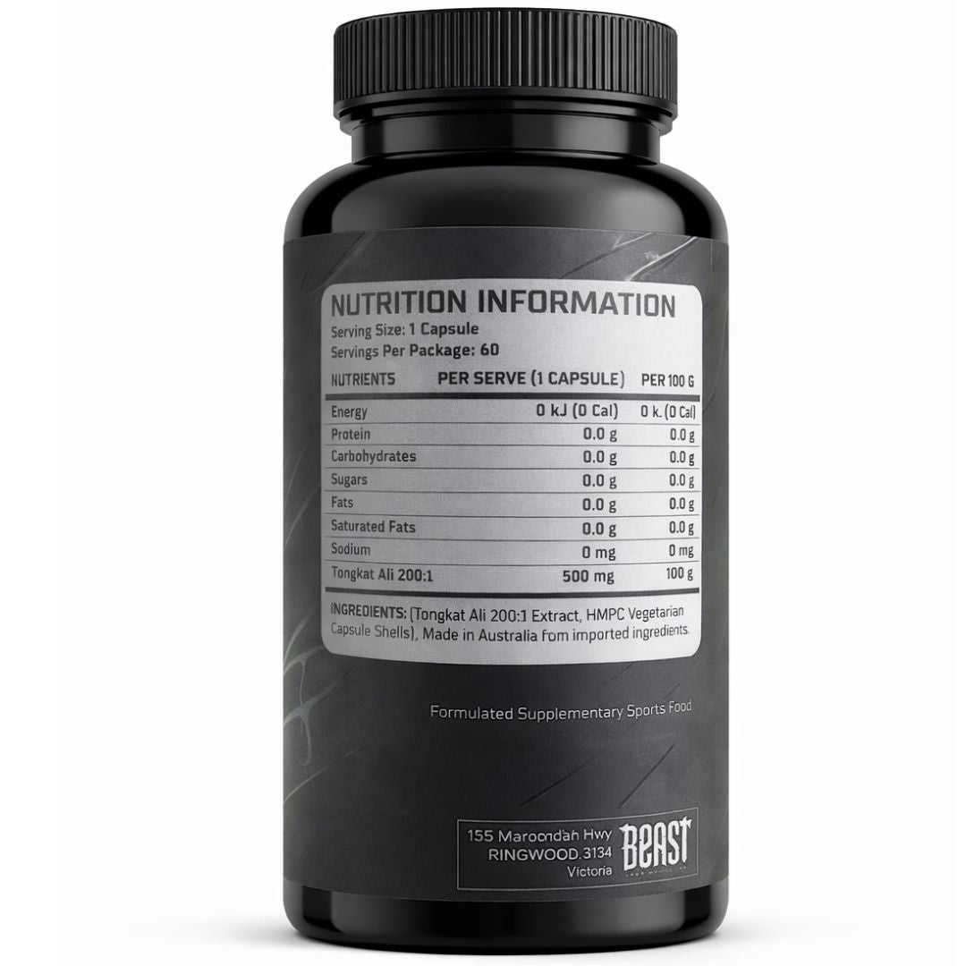 Supplement facts and ingredients label of Beast Labs Nutrition Tongkat Ali 500 mg on white background