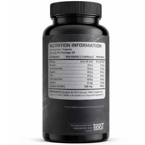 Supplement facts and ingredients label of Beast Labs Nutrition Tongkat Ali 500 mg on white background