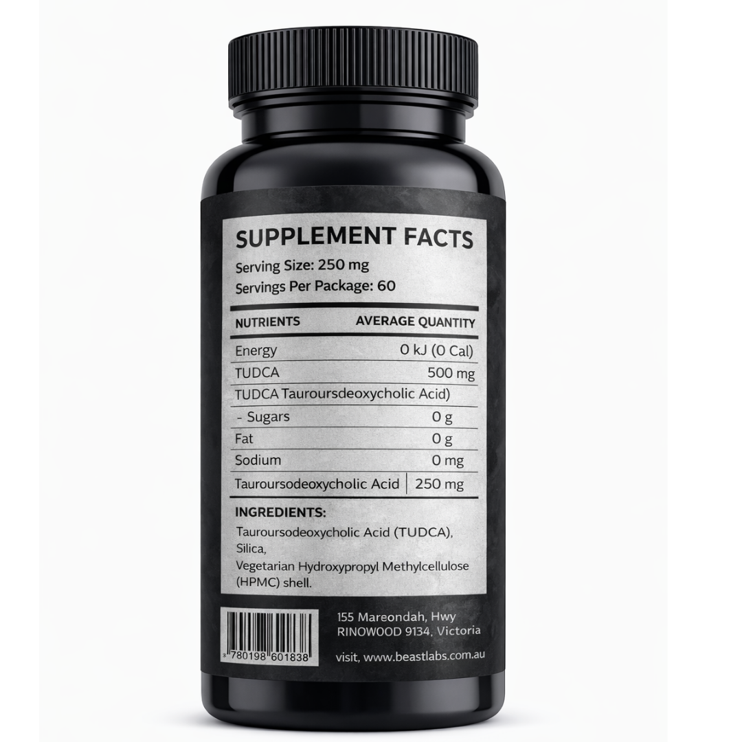 TUDCA 500mg by Beast Labs Nutrition supplement facts panel showing 500mg TUDCA per serving – 60 servings | SUPPS247 Australia - Image 2