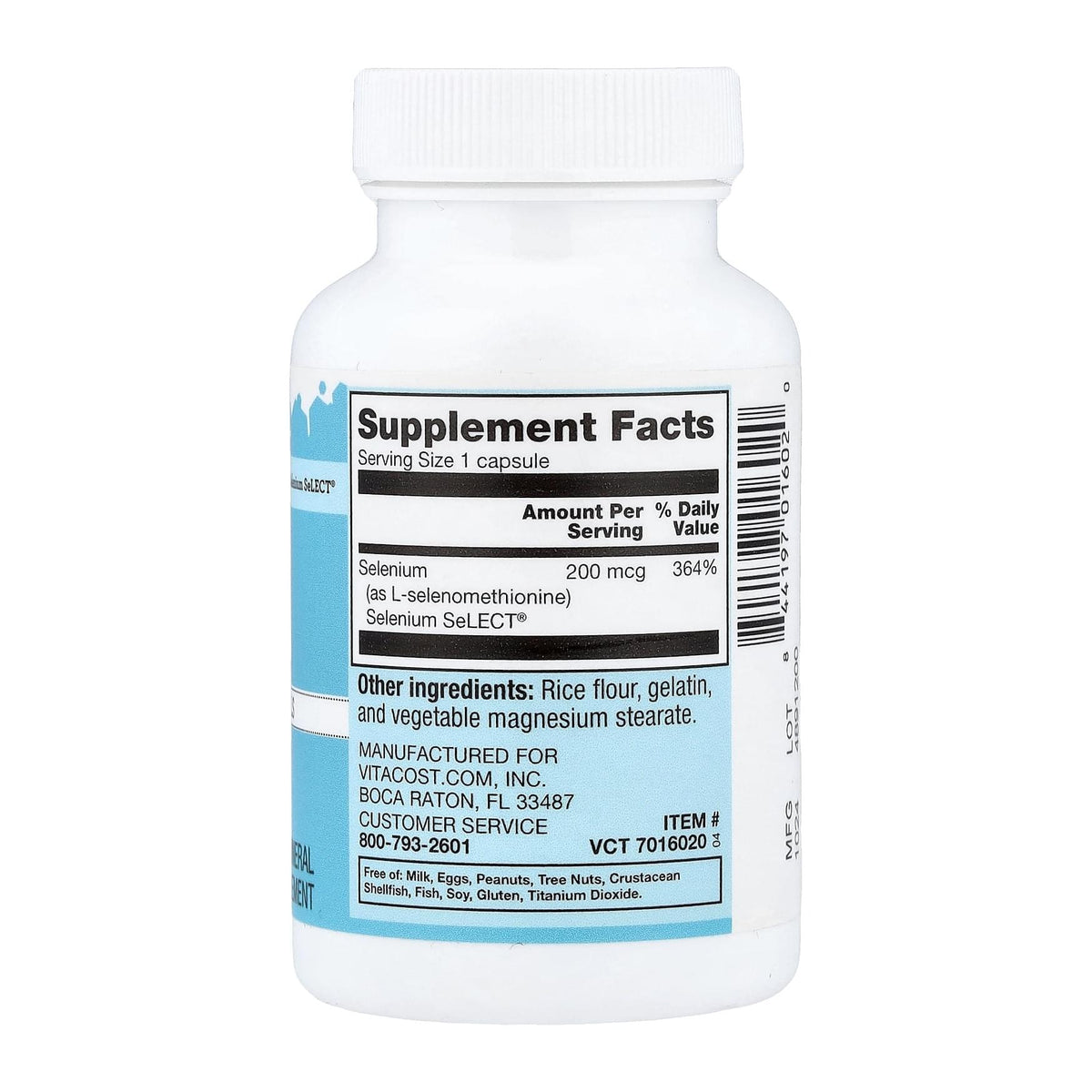 Vitacost Selenium 200 mcg, 100 Capsules, supplement facts panel - Image 2