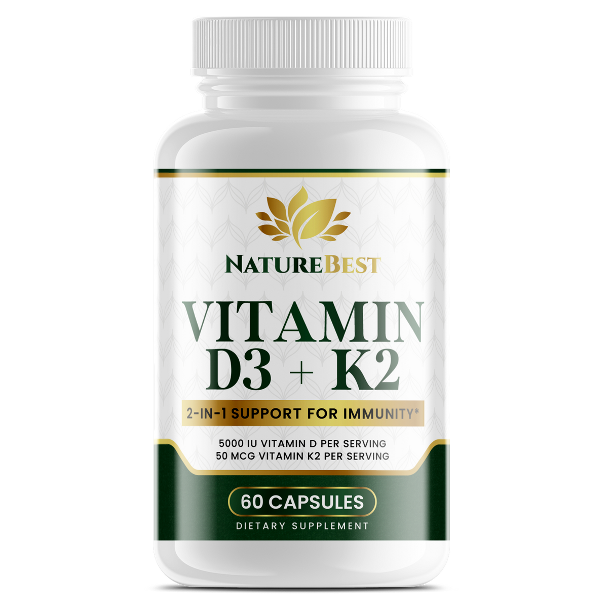 NatureBest Vitamin D3 and K2 supplement bottle for immunity support on white background - Image 1