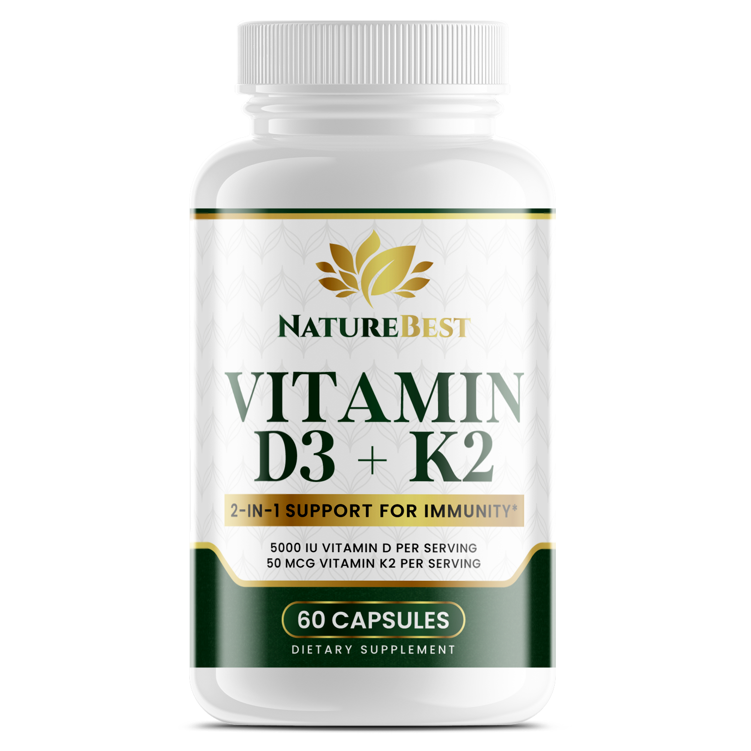 NatureBest Vitamin D3 and K2 supplement bottle for immunity support on white background