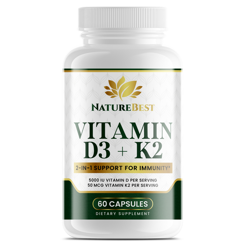 NatureBest Vitamin D3 and K2 supplement bottle for immunity support on white background