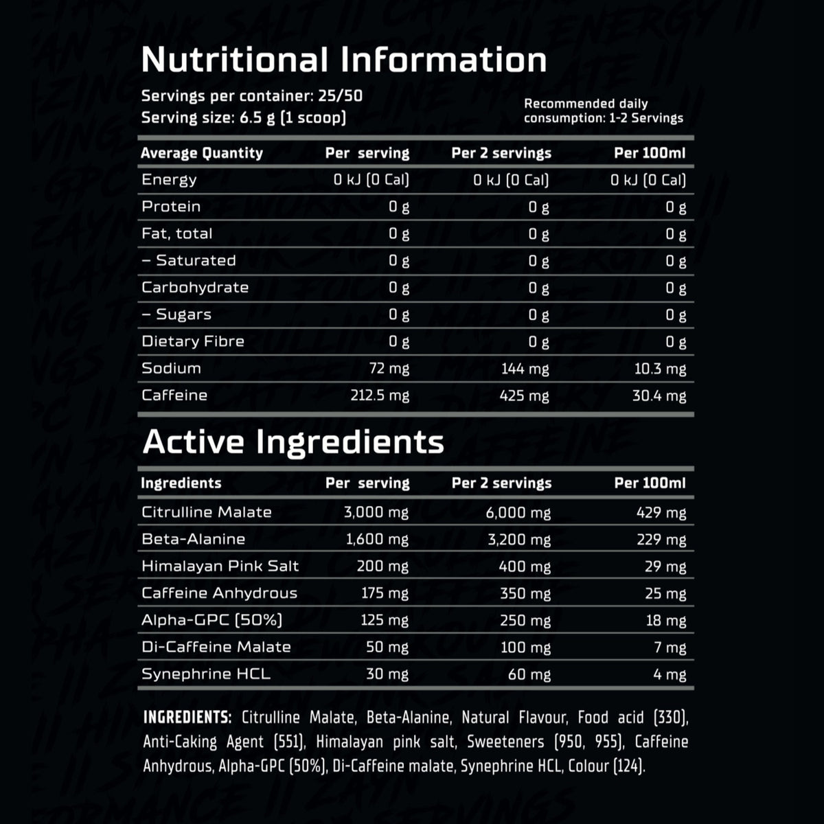 ZAYN Pre-Workout nutritional information and active ingredients - Image 3