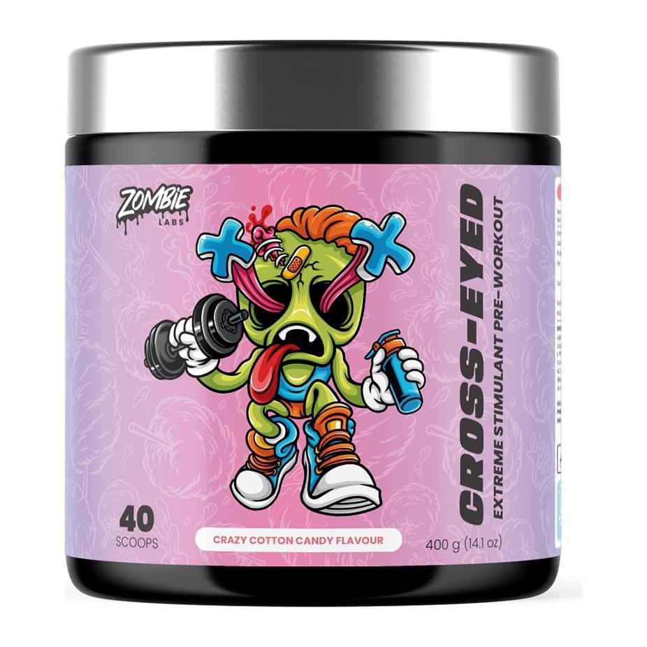 Zombie Labs Cross-Eyed Extreme Stimulant Pre-Workout 40 Serves, Crazy Cotton Candy tub front - Image 1