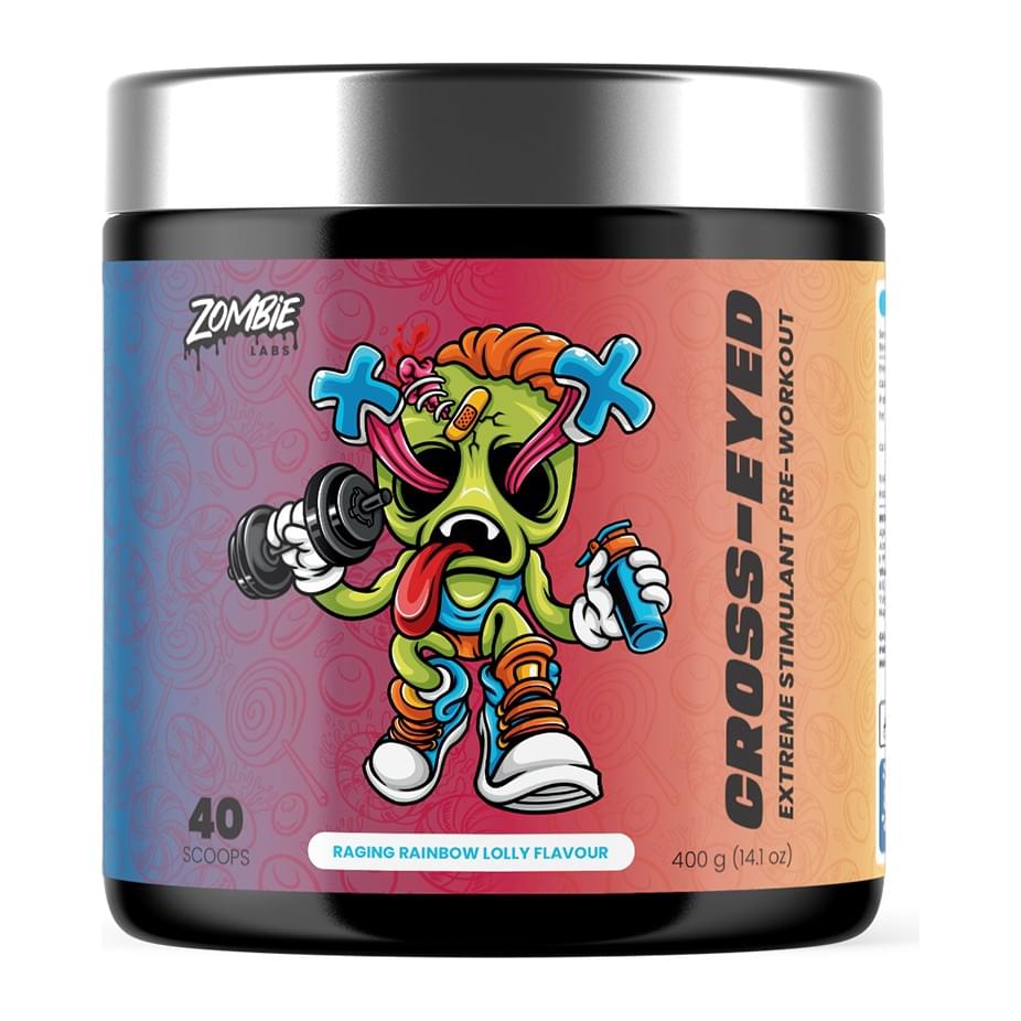 Zombie Labs Cross-Eyed Extreme Stimulant Pre-Workout 40 Serves, Raging Rainbow Lolly tub front - Image 2