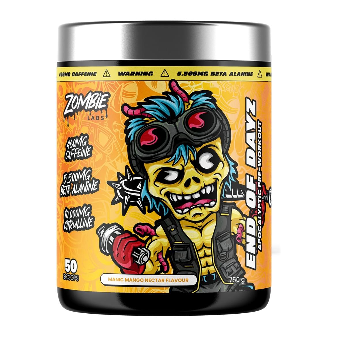 End Of Dayz Pre-Workout 50 Serves by Zombie Labs, Manic Mango Nectar tub front - Image 4