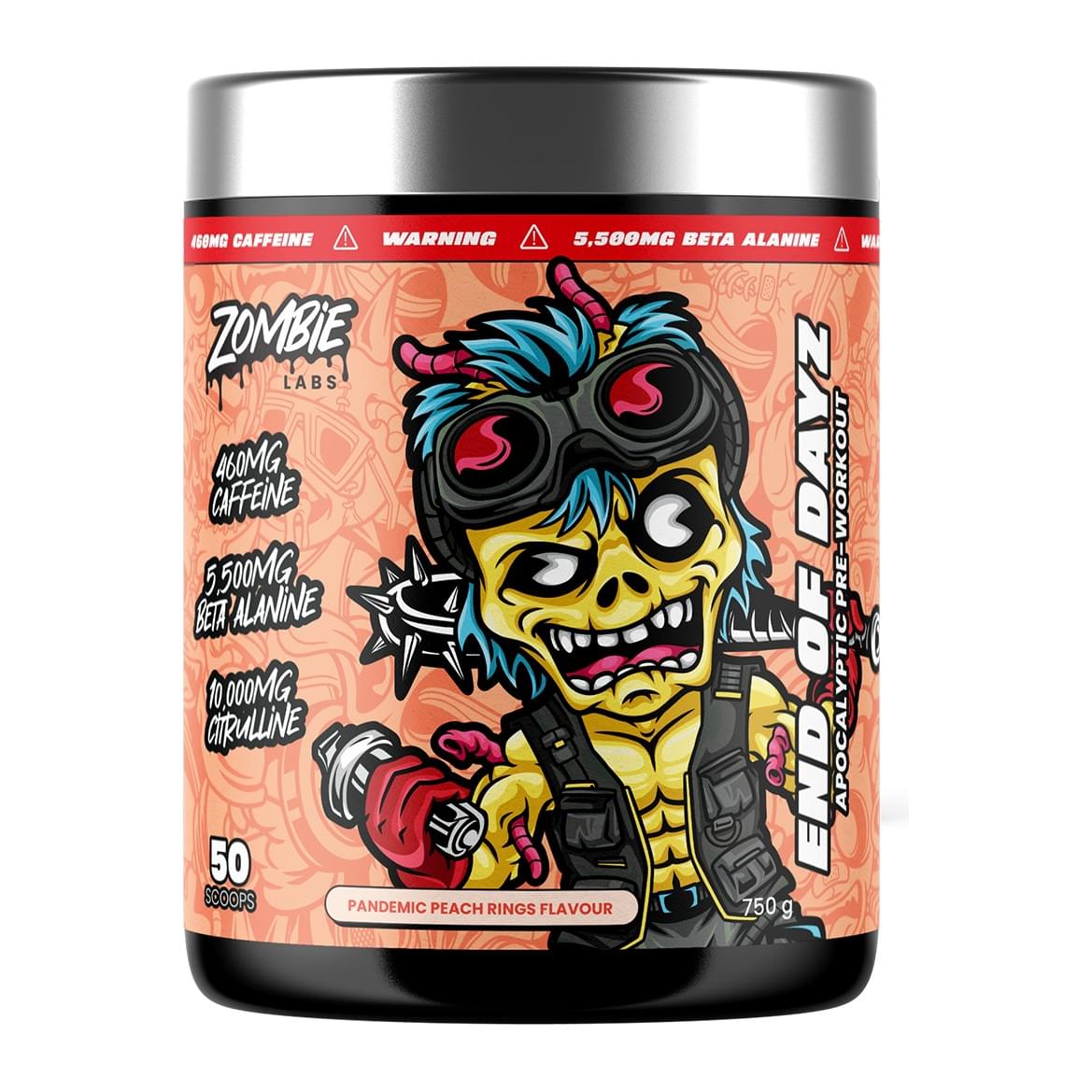 End Of Dayz Pre-Workout 50 Serves by Zombie Labs, Pandemic Peach Rings tub front - Image 7