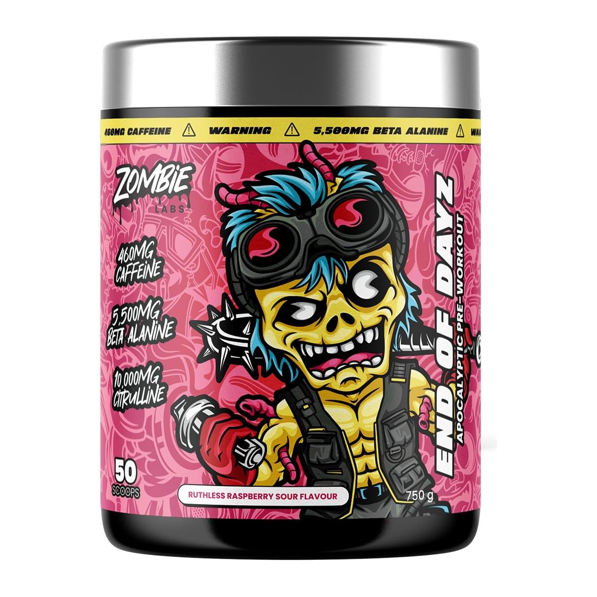 End Of Dayz Pre-Workout 50 Serves by Zombie Labs, Ruthless Raspberry Sour tub front - Image 5