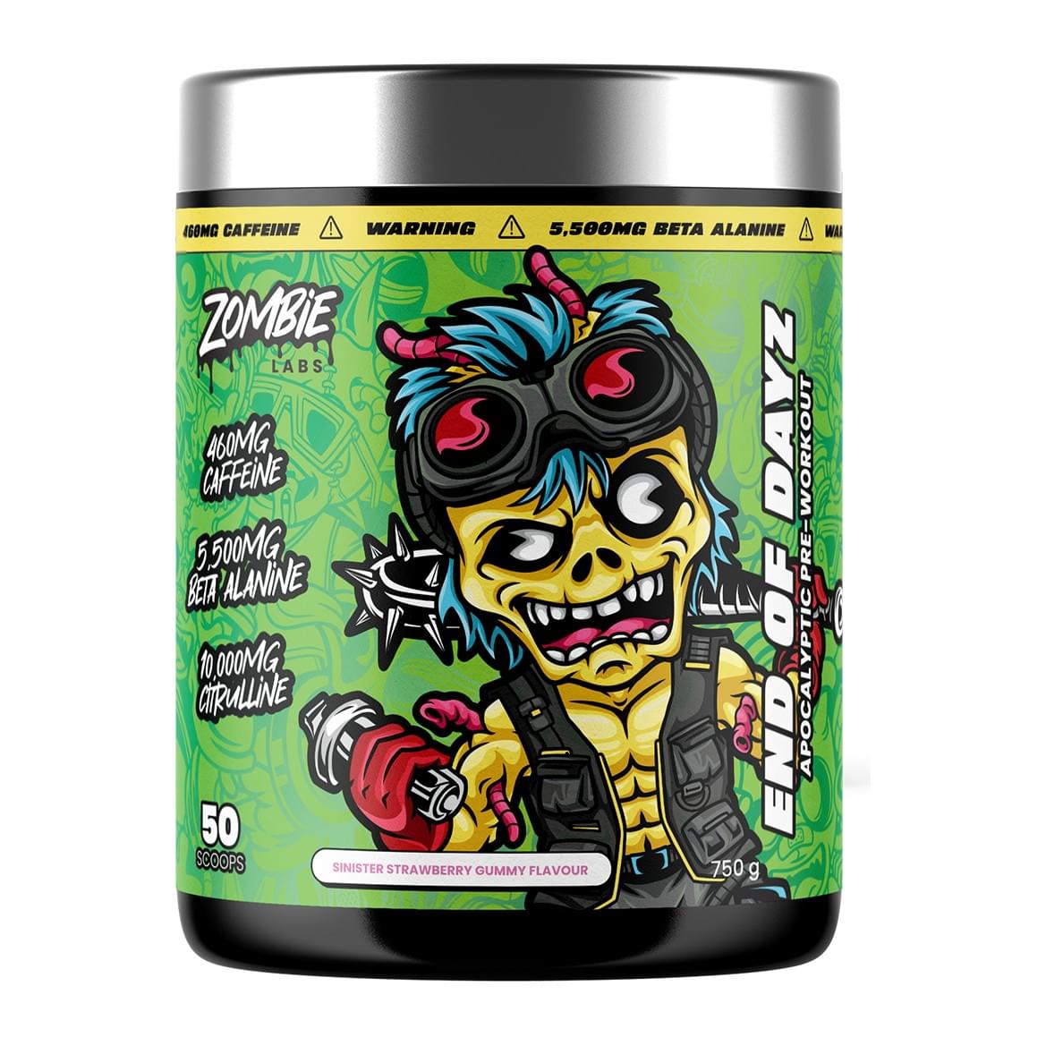 End Of Dayz Pre-Workout 50 Serves by Zombie Labs, Sinister Strawberry Gummy tub front - Image 3