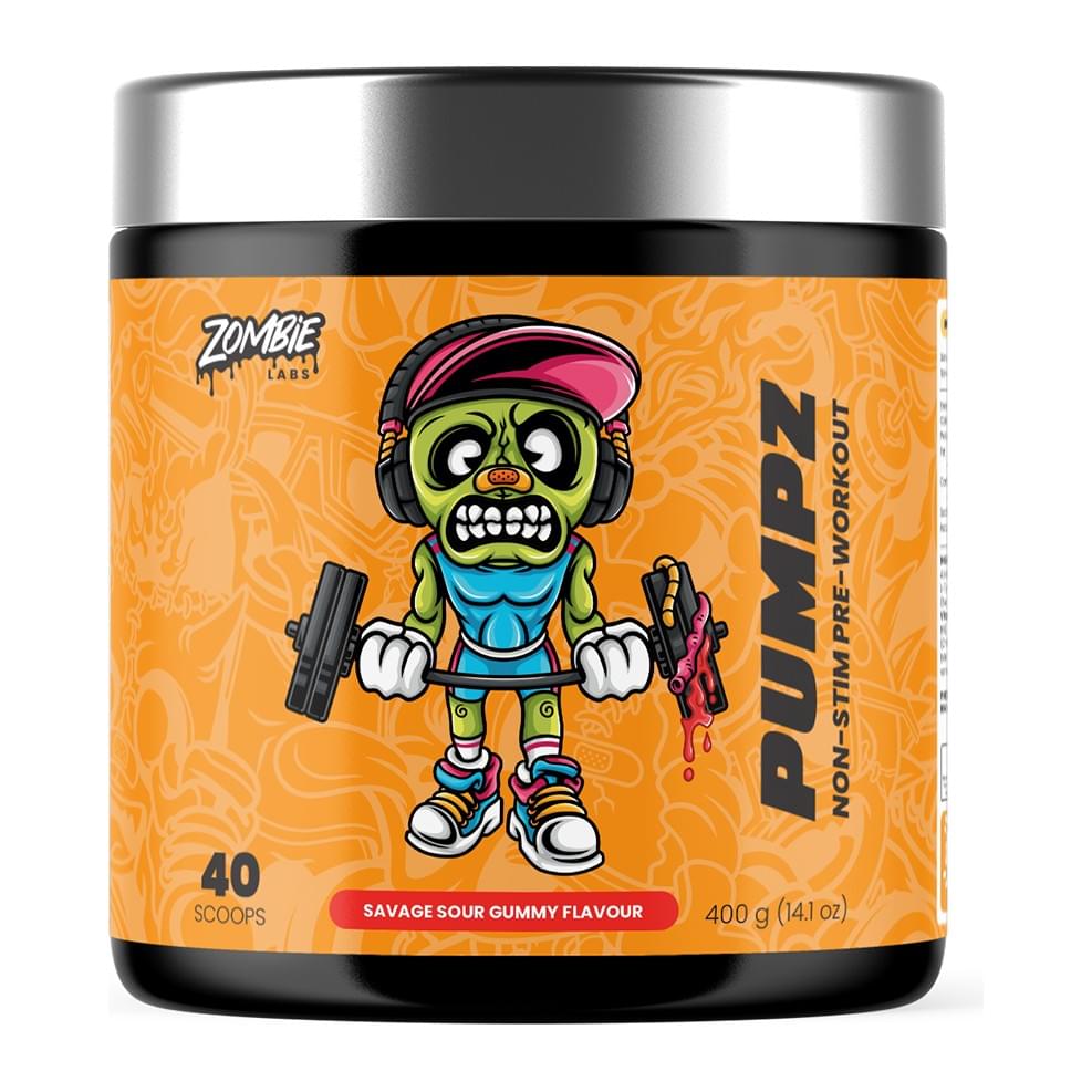 Zombie Labs Pumpz Non Stim Pre Workout, Savage Sour Gummy tub front - Image 5