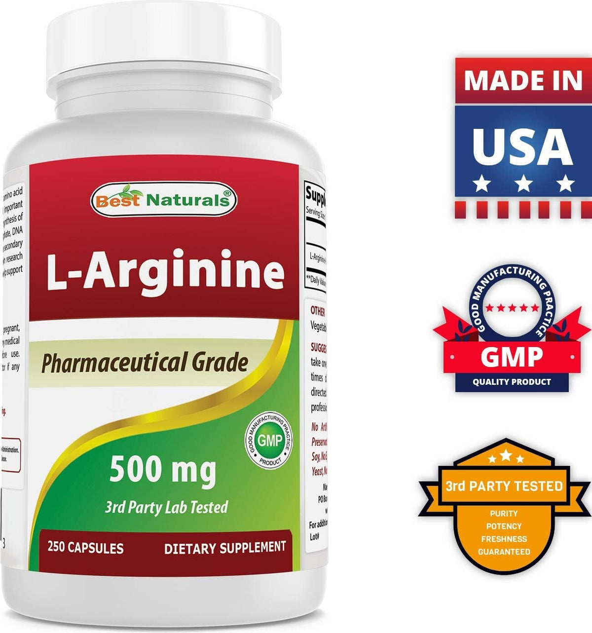 Best Naturals L-Arginine 500mg 250 Capsules L-Arginine Not specified  - Image 1