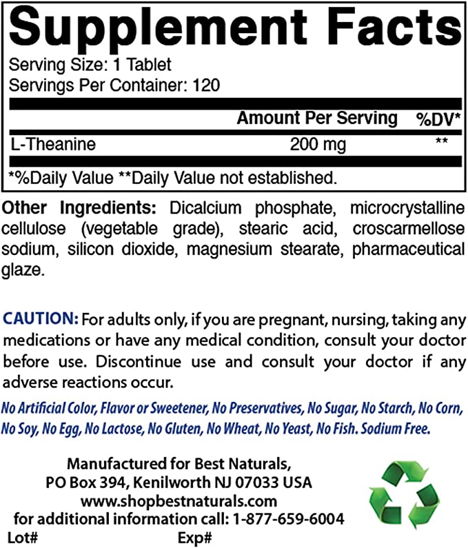 Best Naturals L-Theanine 200mg 120 Tablets Amino Acids Best Naturals - Image 2