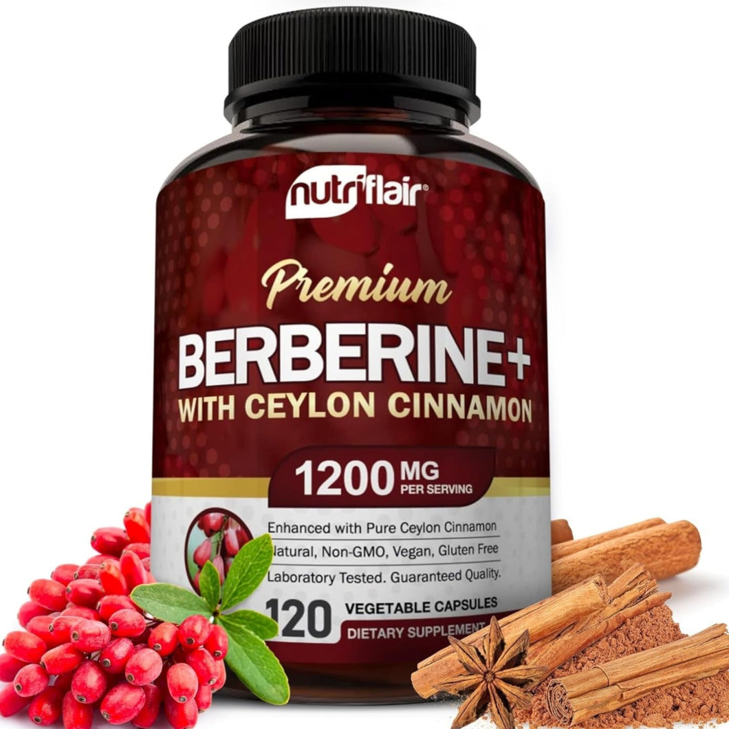 NutriFlair Premium Berberine HCL 1200mg, 120 Capsules - Plus Pure True Ceylon Cinnamon, Berberine HCI Root Supplements Pills - Immune System, Healthy Weight Management General Not specified 
