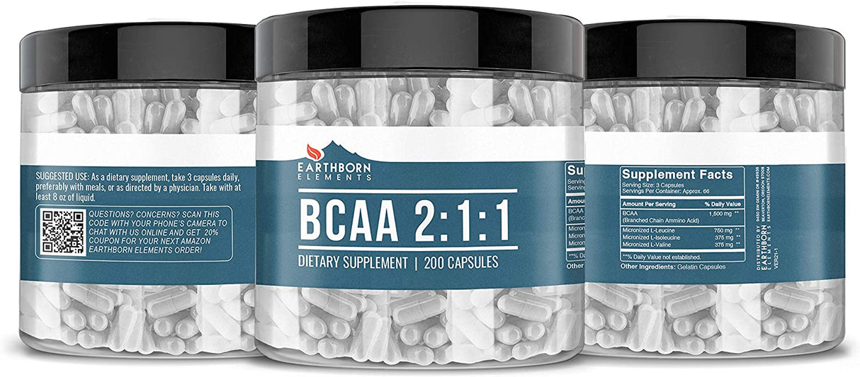 Earthborn Elements BCAA, 200 Capsules, Pure & Undiluted, No Additives BCAAs Supps247