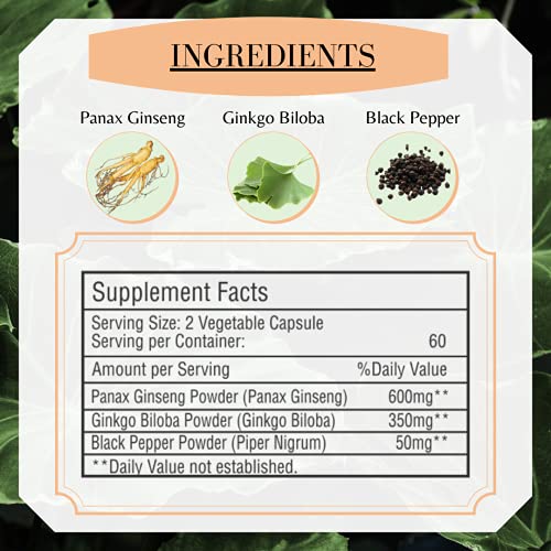 Panax Ginseng with Ginkgo Biloba and Black Pepper - 1000* mg, 120 Vegan Capsules Ginkgo Biloba supps247  - Image 2