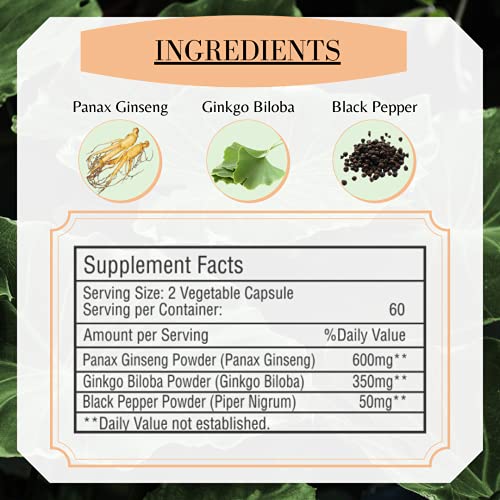 Panax Ginseng with Ginkgo Biloba and Black Pepper - 1000* mg, 120 Vegan Capsules Ginkgo Biloba supps247 