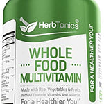 A bottle of HerbTonic's Whole Food Multivitamin supplements for men and women, with green and white labeling.