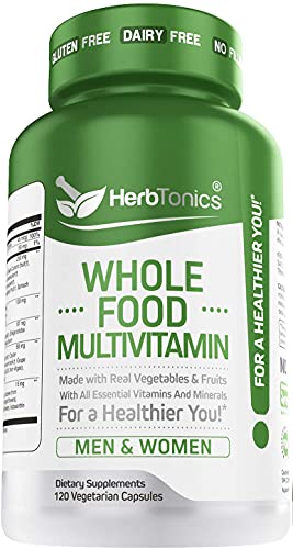 A bottle of HerbTonic's Whole Food Multivitamin supplements for men and women, with green and white labeling. - Image 1