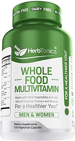 A bottle of HerbTonic's Whole Food Multivitamin supplements for men and women, with green and white labeling.